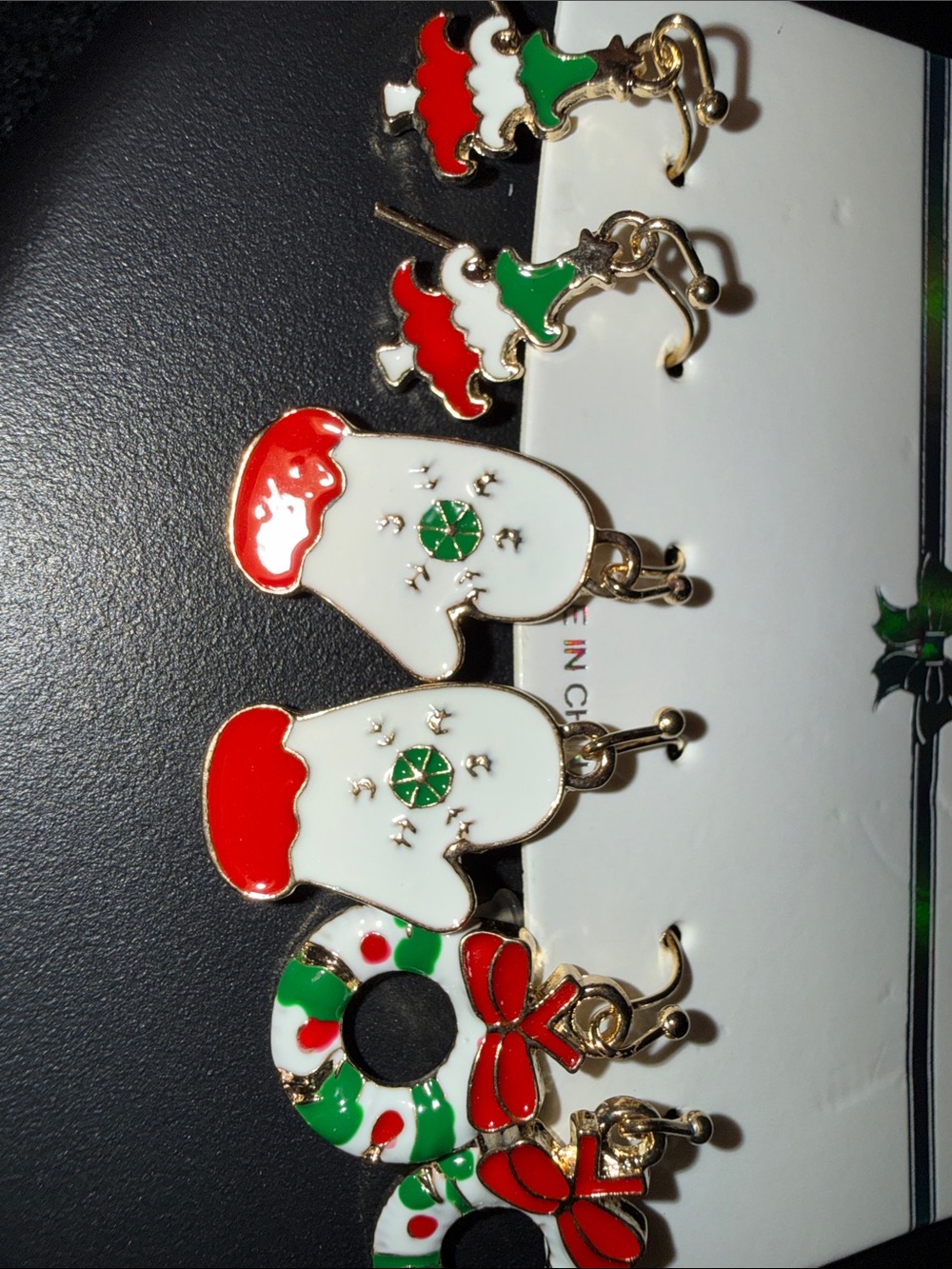 Mint Holiday Enamel Mitten, Wreath & Tree Earrings - Red, Green, White, Gold
